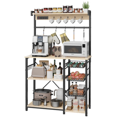 Biemlerfn 39.8" Wide Large Bakers Rack with Power Outlets, 5 Tiers Coffee Bar Table with 3 Wire Basket