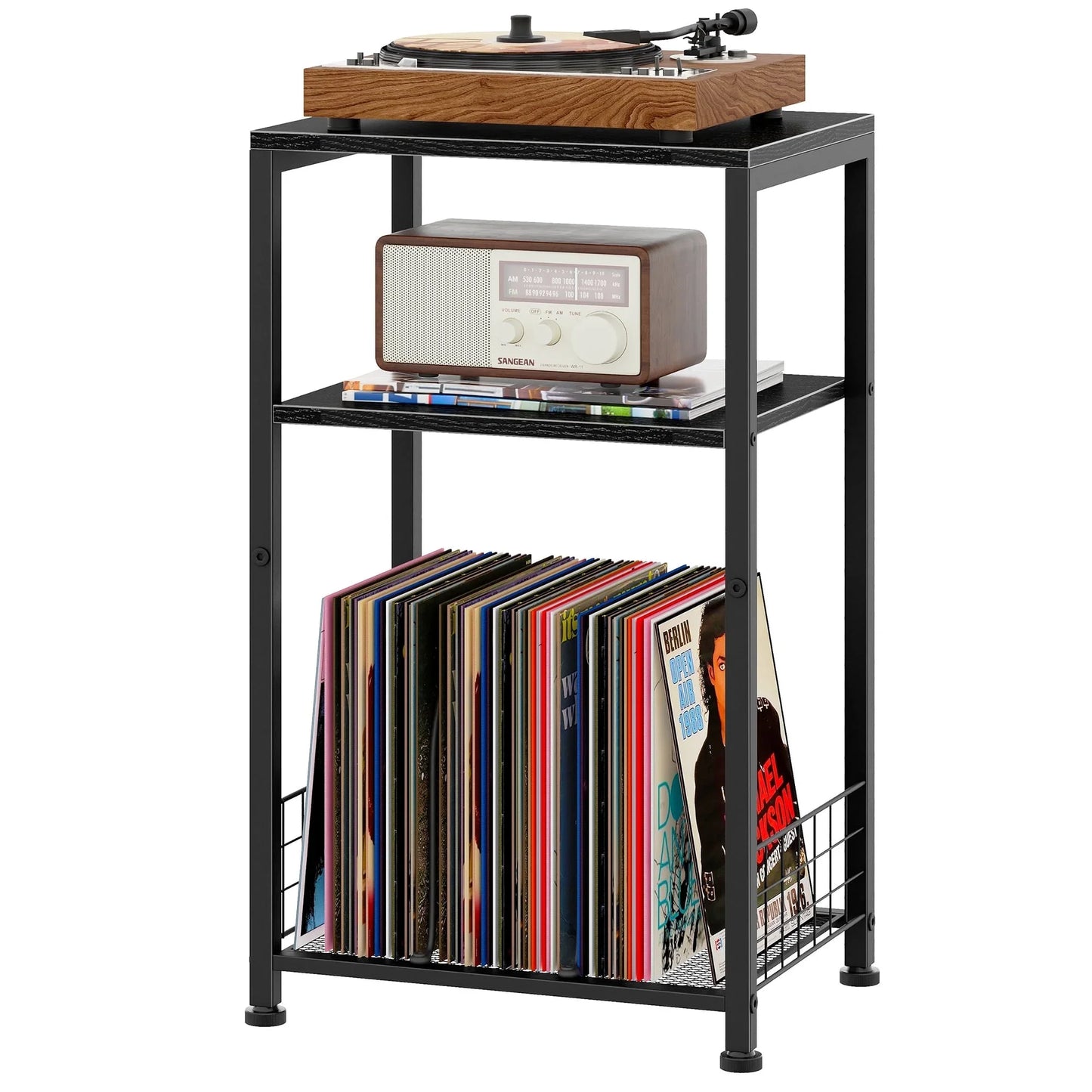 Biemlerfn 3-Tier End Side Table, Movable Record Player Stand with Vinyl Record Storage
