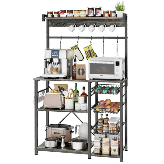 Biemlerfn 39.8" Wide Large Bakers Rack with Power Outlets, 5 Tiers Coffee Bar Table with 3 Wire Basket（Oak Gray）