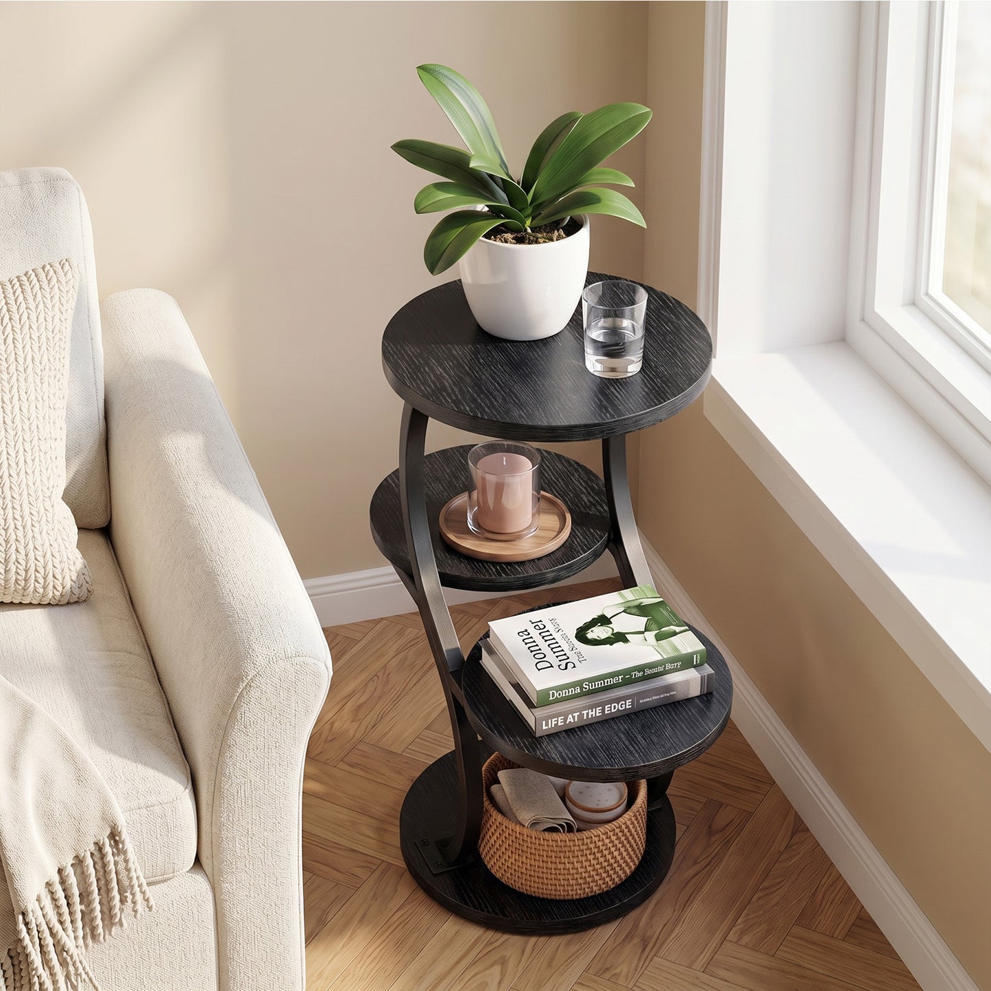 Biemlerfn 4-Tier Round Side Table, Small End Table with Metal Frame, Wood Nightstand for Patio, Sofa, Living Room & Bedroom