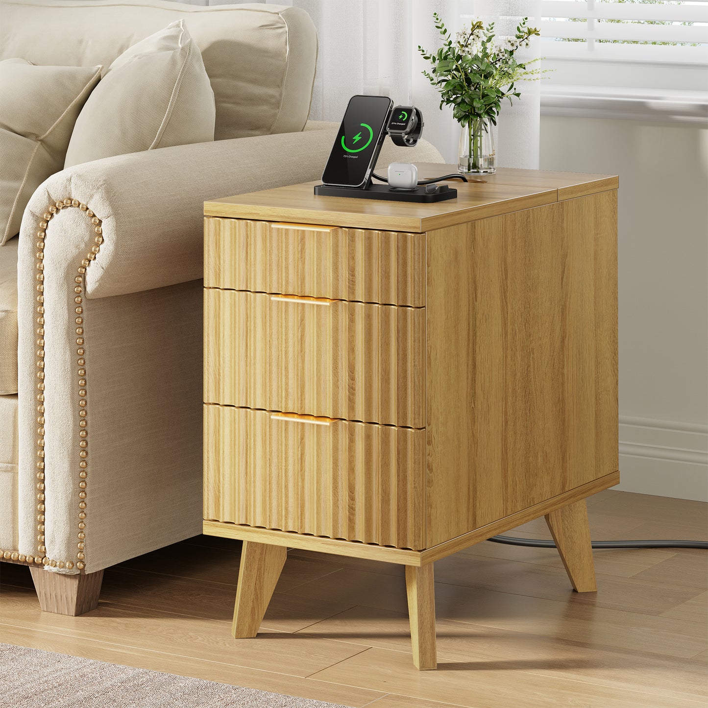 Biemlerfn 3 Drawers End Table with Charging Station, Narrow Side Table for Living Room, Sofa Side Table with Drawer and Storage Cabinet, Small Nightstand for Home Office