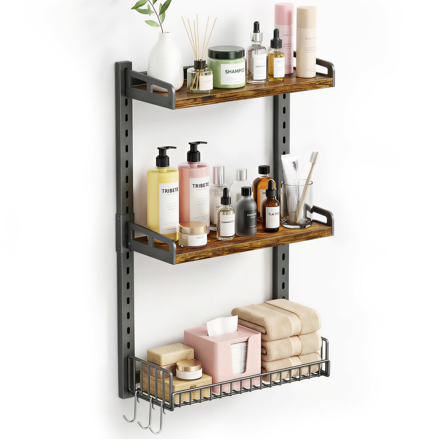 Biemlerfn 3 Tier Bathroom Shelves Over Toilet - Wall Mounted Floating Shelves with Drain Basket, Vintage Brown, Height Adjustable Over The Toilet Storage,,