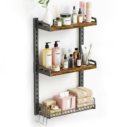 Biemlerfn 3 Tier Bathroom Shelves Over Toilet - Wall Mounted Floating Shelves with Drain Basket, Vintage Brown, Height Adjustable Over The Toilet Storage,,