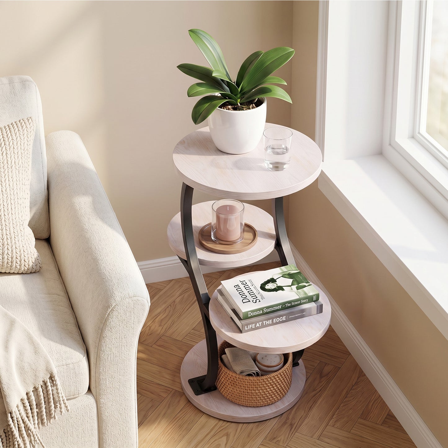 Biemlerfn 4-Tier Round Side Table, Small End Table with Metal Frame, Wood Nightstand for Patio, Sofa, Living Room & Bedroom