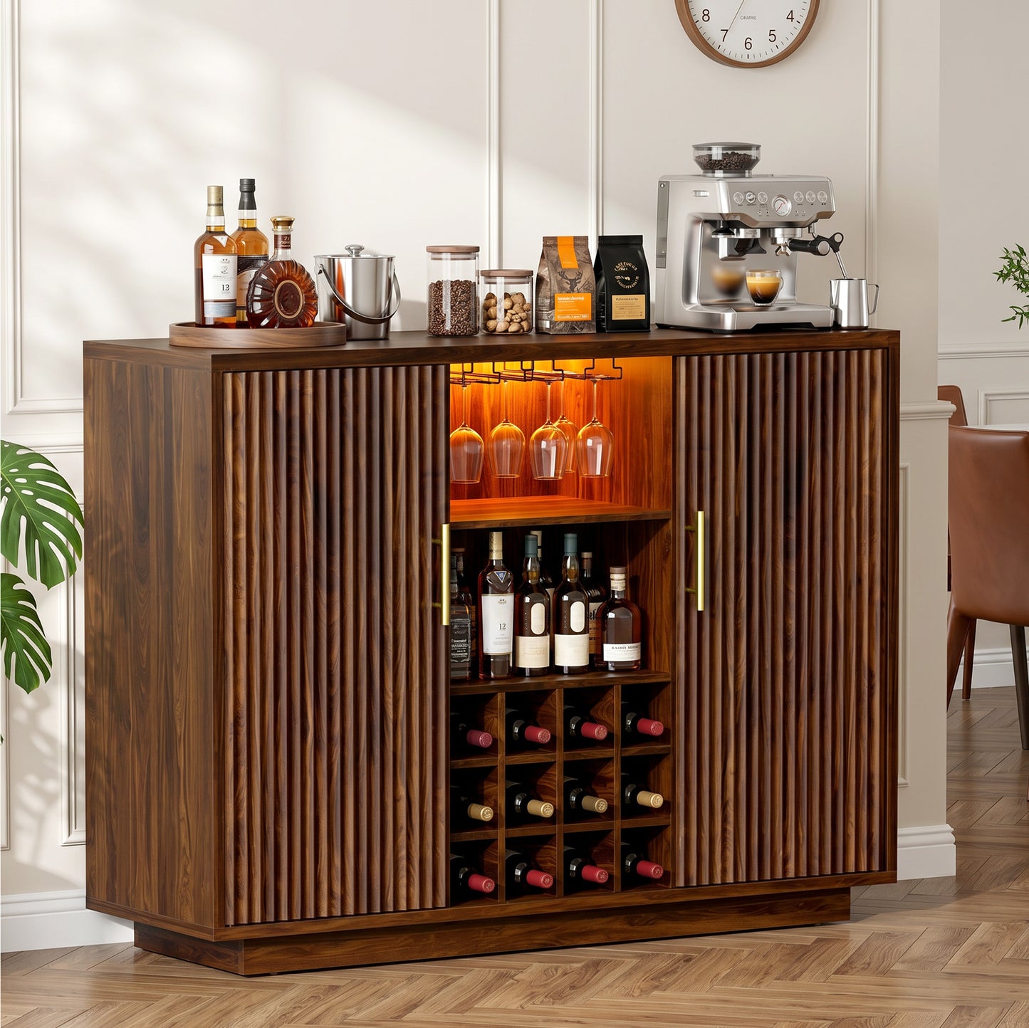 Biemlerfn RGB Wine Bar Cabinet with Built-in Charging Station, Modern Coffee Bar Cabinet with Wine Rack and Glass Holder, Fluted Liquor Cabinet with Storage for Home