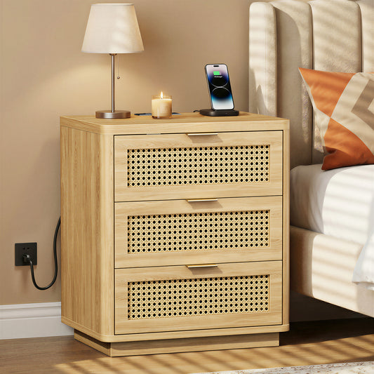 Biemlerfn Night Stand with Charging Station, 3 Drawers Bedside Table, Rattan End Table, Wood Dresser Organizer for Bedroom, Living Room