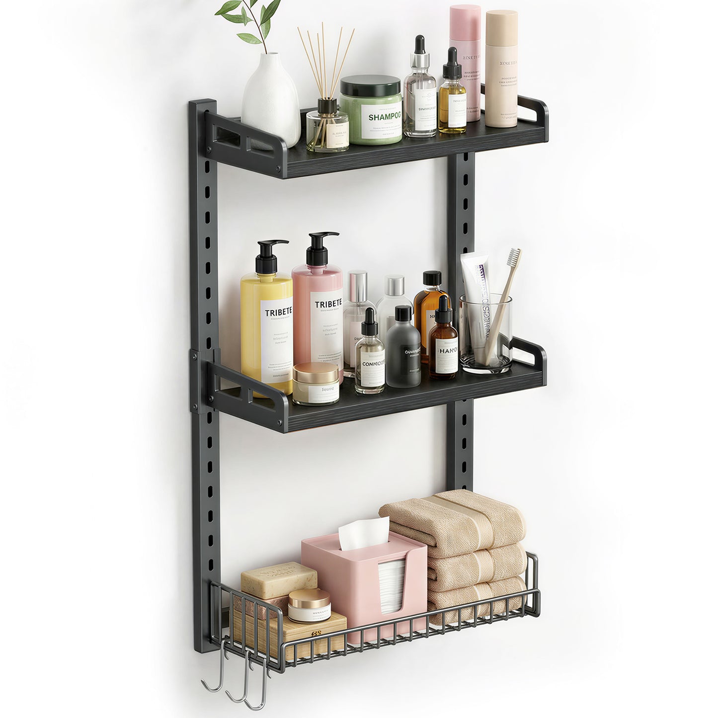 Biemlerfn 3 Tier Bathroom Shelves Over Toilet - Wall Mounted Floating Shelves with Drain Basket, Height Adjustable Over The Toilet Storage，（Black）