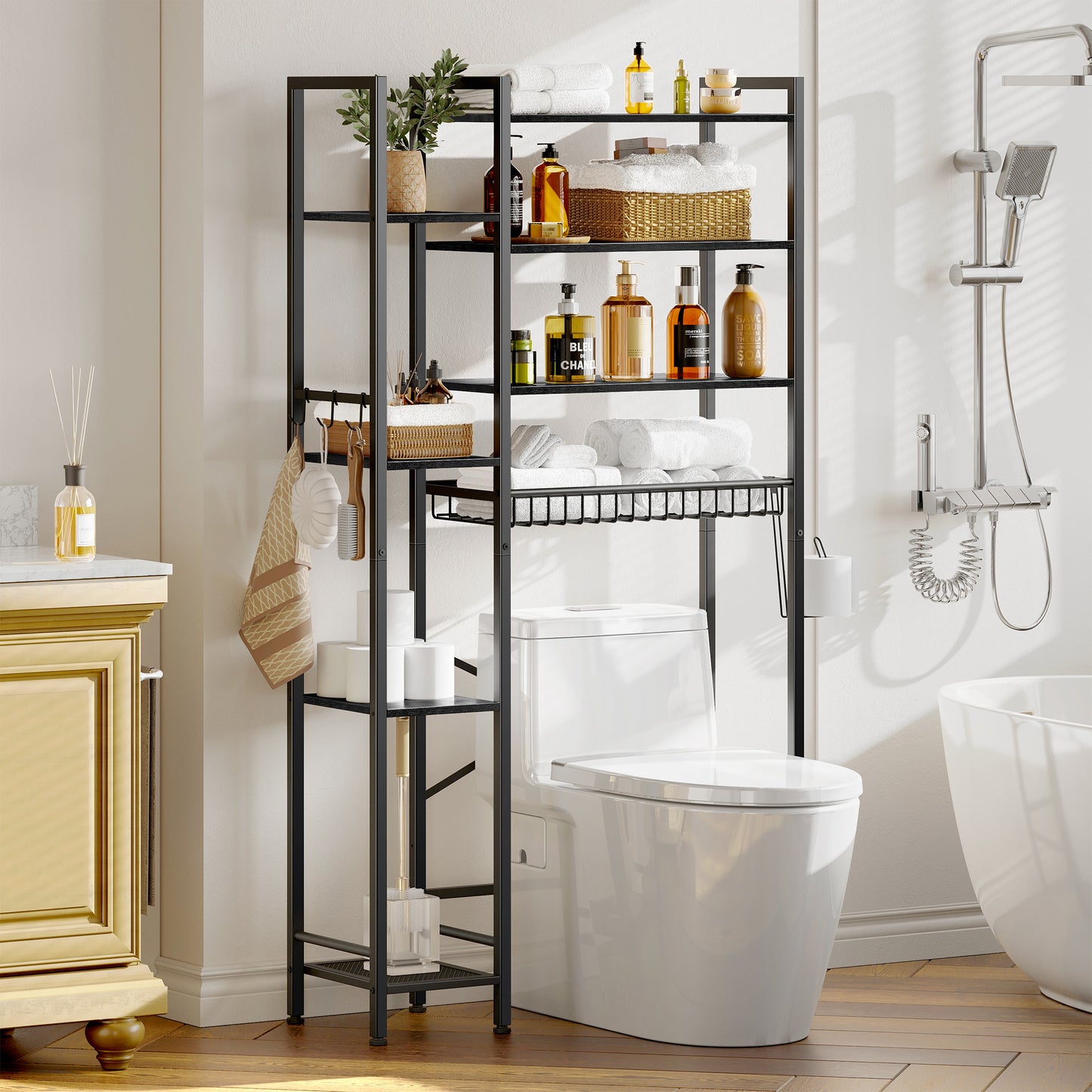Biemlerfn Over The Toilet Storage Shelf, 8-Tier Wooden Bathroom Organizer Adjustable Saver Space Rack with Toilet Paper Holder