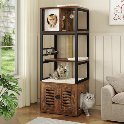 Biemlerfn 58.27" Cat Tree with Litter Box Enclosure, Multi-Level Cat Tower with Elevated Perch & Feeding Station, Scratching Post, Anti-Tip Design for Indoor Cats