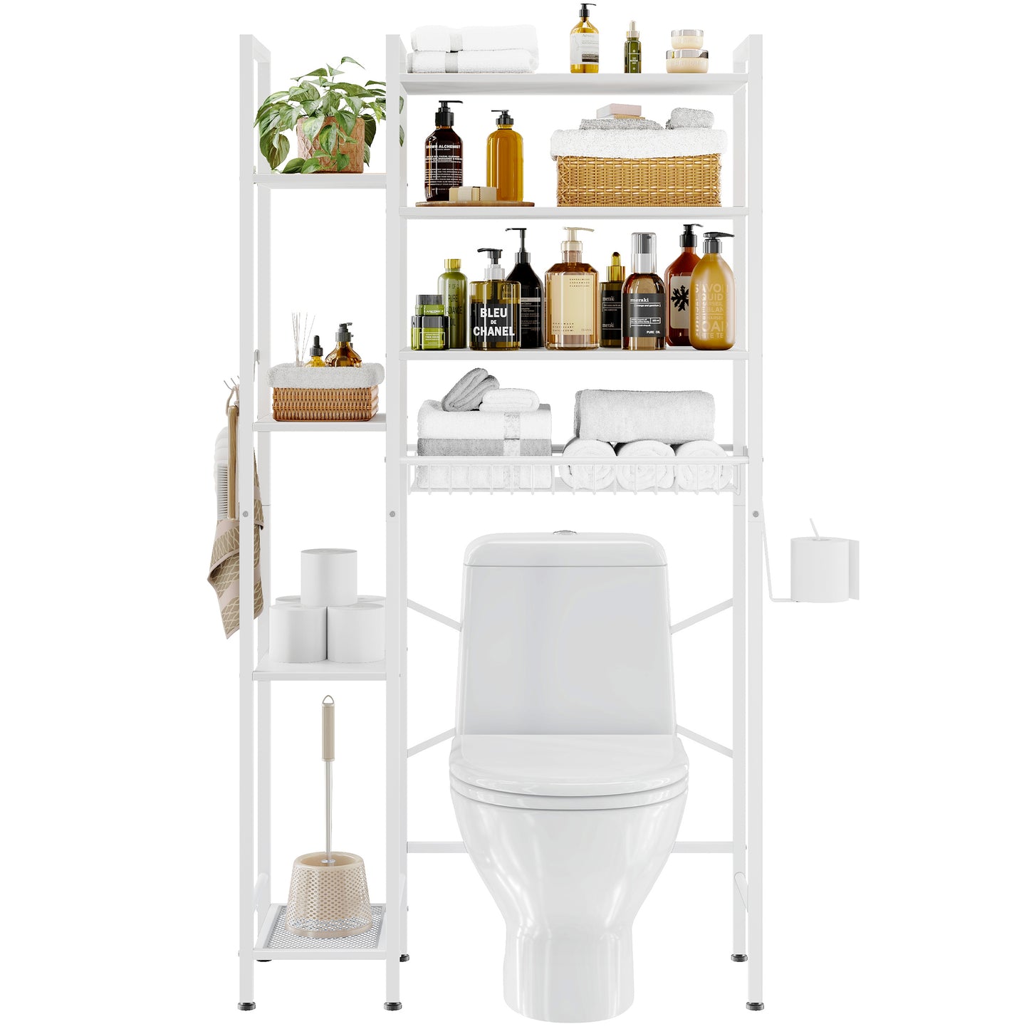 Biemlerfn Over The Toilet Storage Shelf, 8-Tier Wooden Bathroom Organizer Adjustable Saver Space Rack with Toilet Paper Holder
