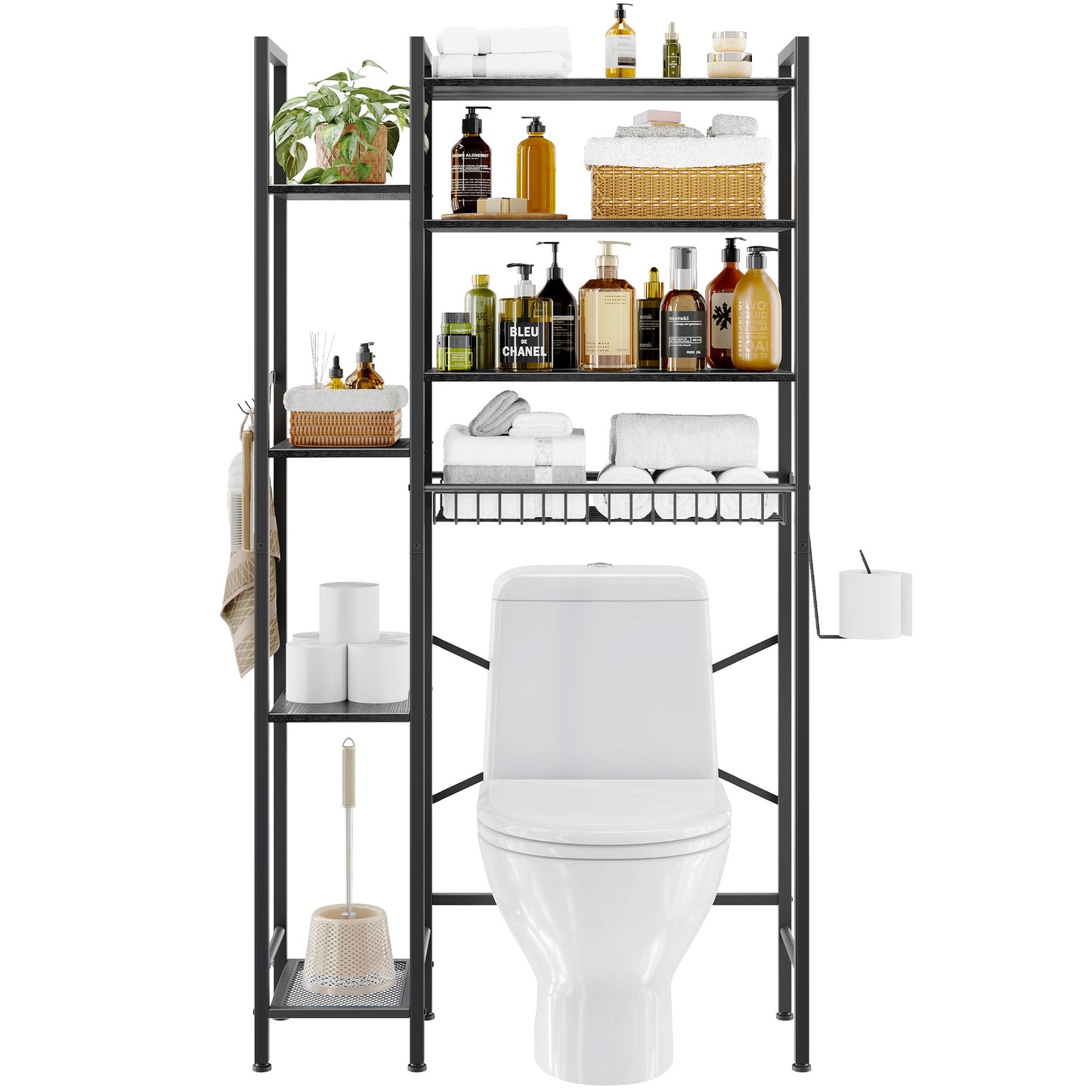Biemlerfn Over The Toilet Storage Shelf, 8-Tier Wooden Bathroom Organizer Adjustable Saver Space Rack with Toilet Paper Holder