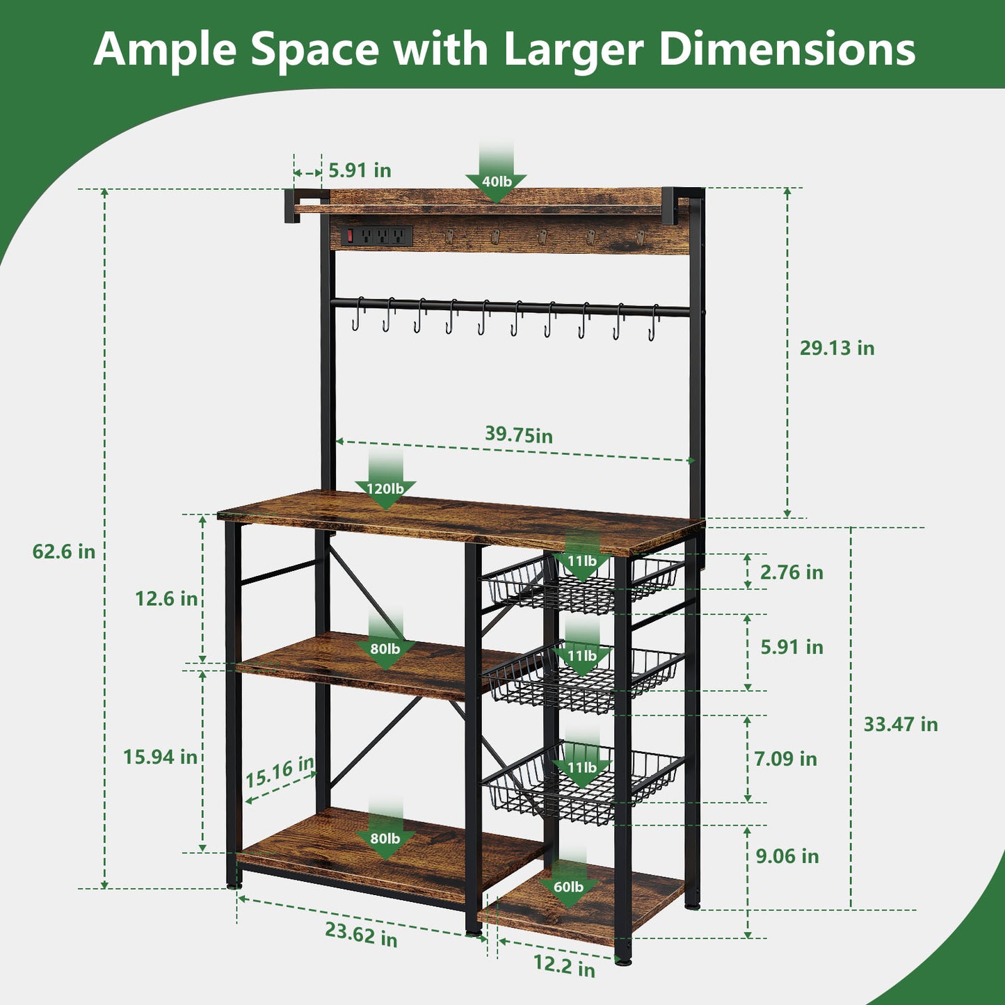 Biemlerfn 39.8" Wide Large Bakers Rack with Power Outlets, 5 Tiers Coffee Bar Table with 3 Wire Basket（Rustic Brown）