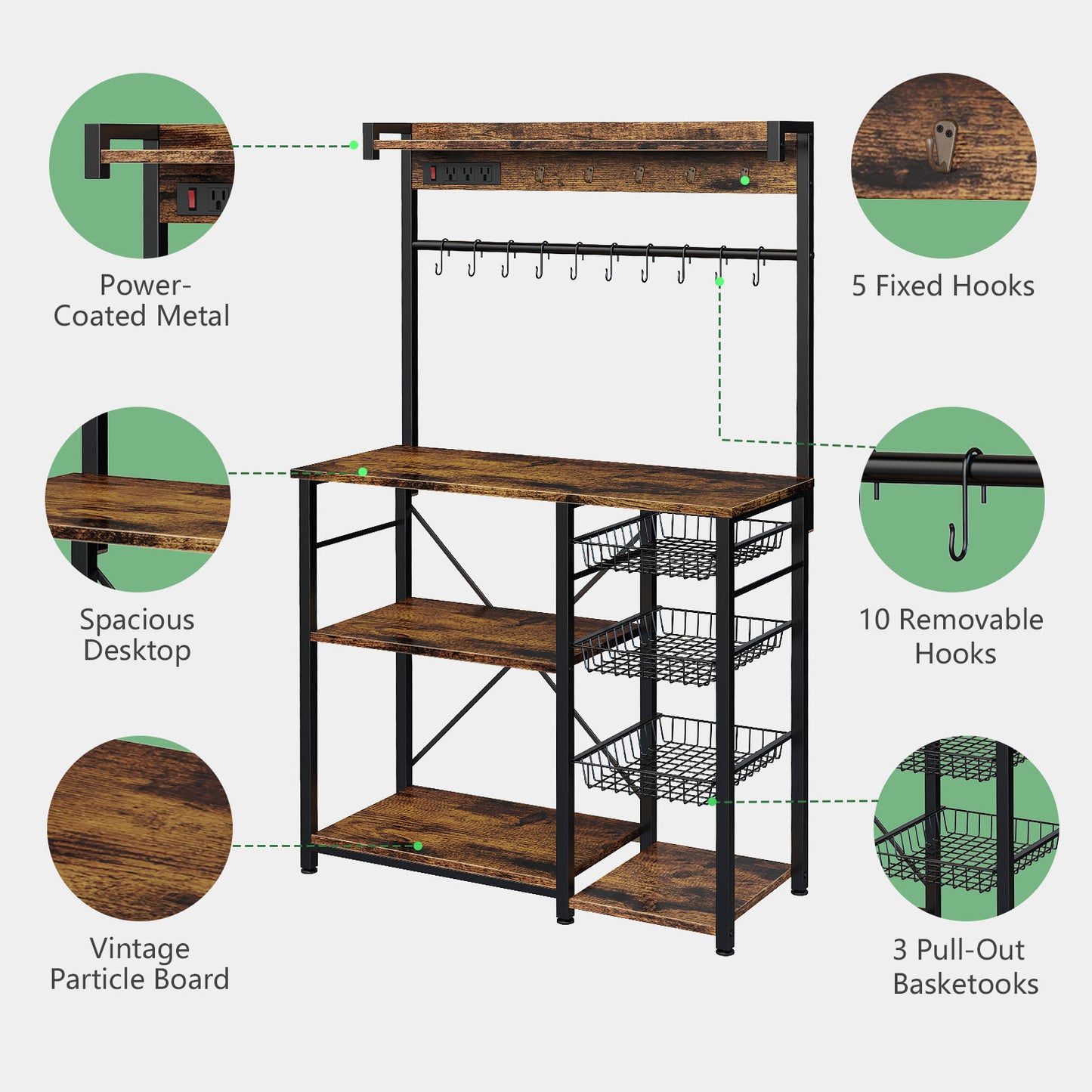Biemlerfn 39.8" Wide Large Bakers Rack with Power Outlets, 5 Tiers Coffee Bar Table with 3 Wire Basket（Rustic Brown）