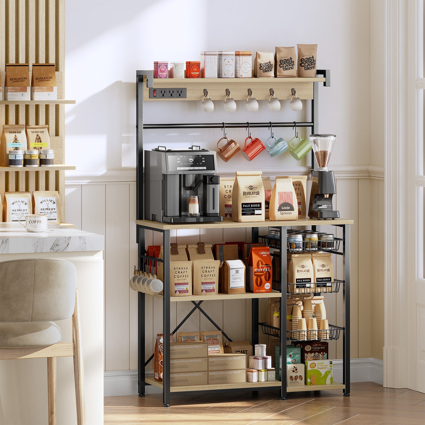 Biemlerfn 39.8" Wide Large Bakers Rack with Power Outlets, 5 Tiers Coffee Bar Table with 3 Wire Basket（White Oak）