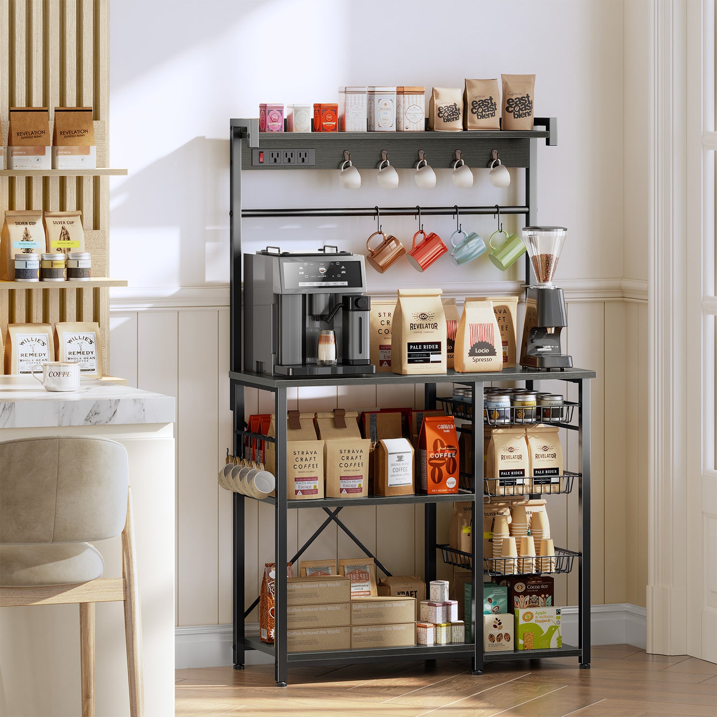 Biemlerfn 39.8" Wide Large Bakers Rack with Power Outlets, 5 Tiers Coffee Bar Table with 3 Wire Basket（Oak Gray）