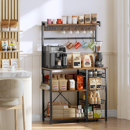 Biemlerfn 39.8" Wide Large Bakers Rack with Power Outlets, 5 Tiers Coffee Bar Table with 3 Wire Basket（Rustic Brown）