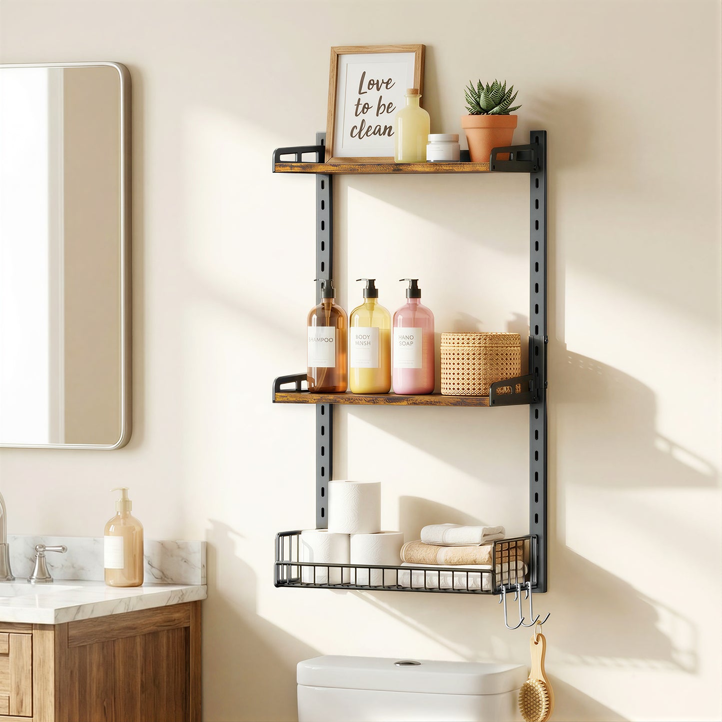 Biemlerfn 3-Tier Wall Mounted Bathroom Organizer Shelf, Space-Saving & Height-Adjustable Storage Rack for Toilet, Kitchen, Living Room
