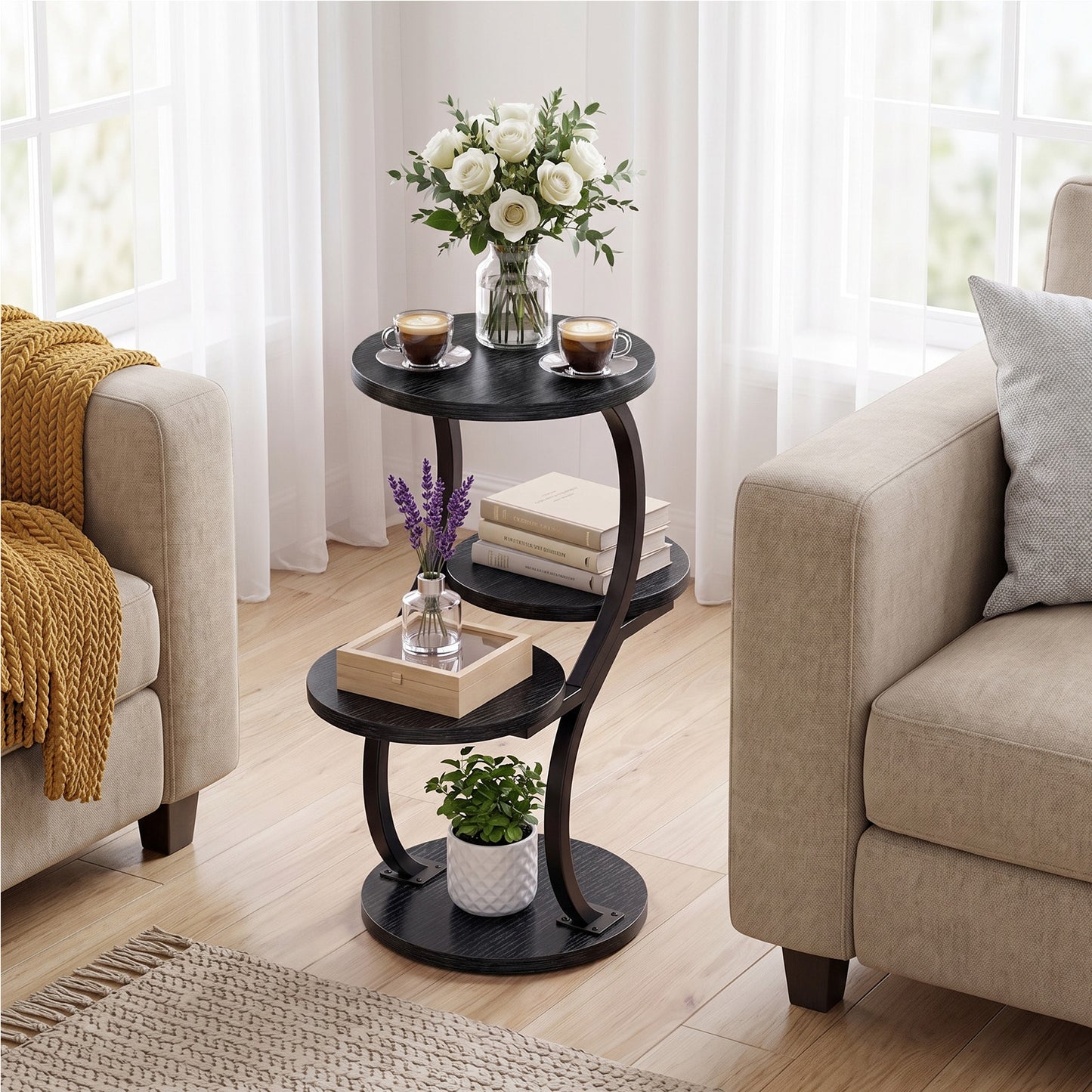 Biemlerfn 4-Tier Round Side Table, Small End Table with Metal Frame, Wood Nightstand for Patio, Sofa, Living Room & Bedroom