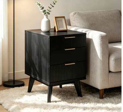 Biemlerfn 3 Drawer Side Table with Charging Station, Narrow End Table with Rear Open Storage Compartment, Wooden Accent Table for Bedroom, Living Room, 5.5FT Power Cord, Natural Wood-HET-05