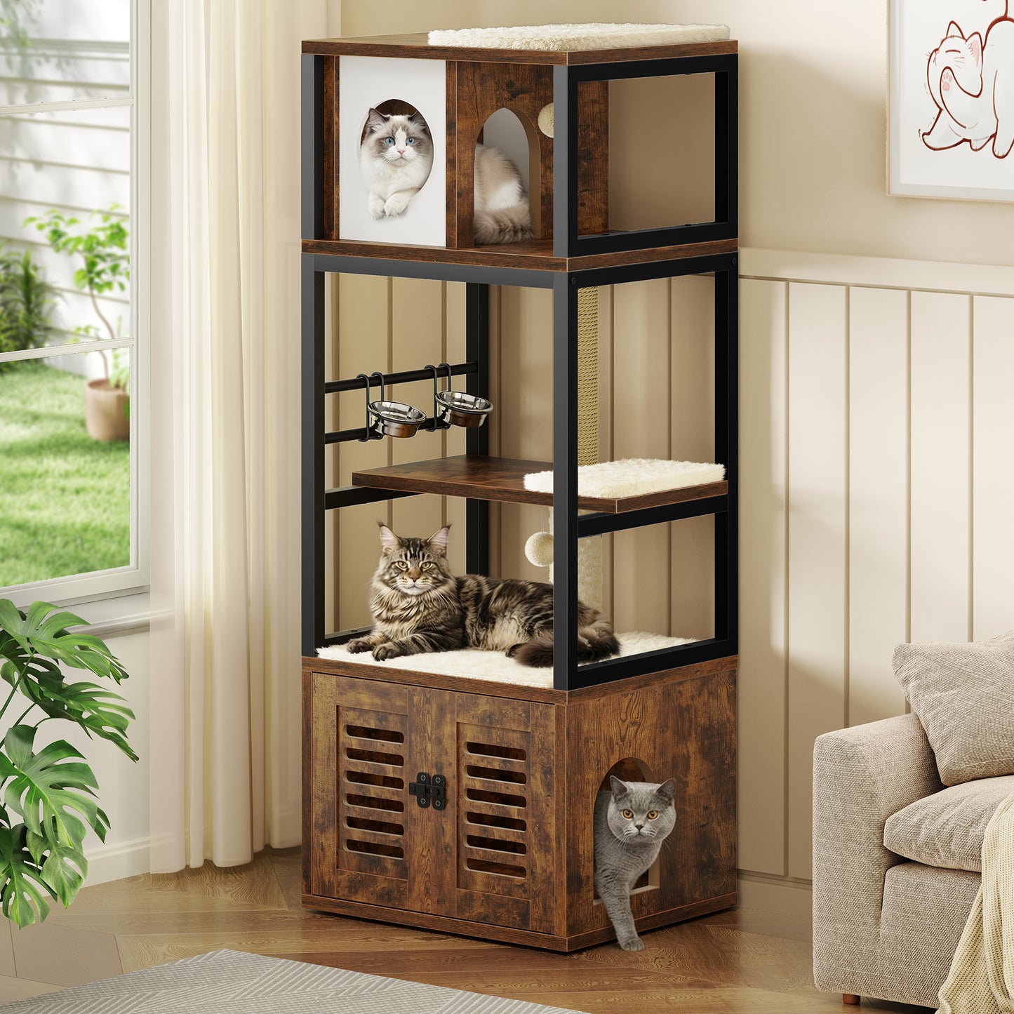 Biemlerfn 58.27" Cat Tree with Litter Box Enclosure, Multi-Level Cat Tower with Elevated Perch & Feeding Station, Scratching Post, Anti-Tip Design for Indoor Cats