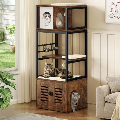 Biemlerfn 58.27" Cat Tree with Litter Box Enclosure, Multi-Level Cat Tower with Elevated Perch & Feeding Station, Scratching Post, Anti-Tip Design for Indoor Cats