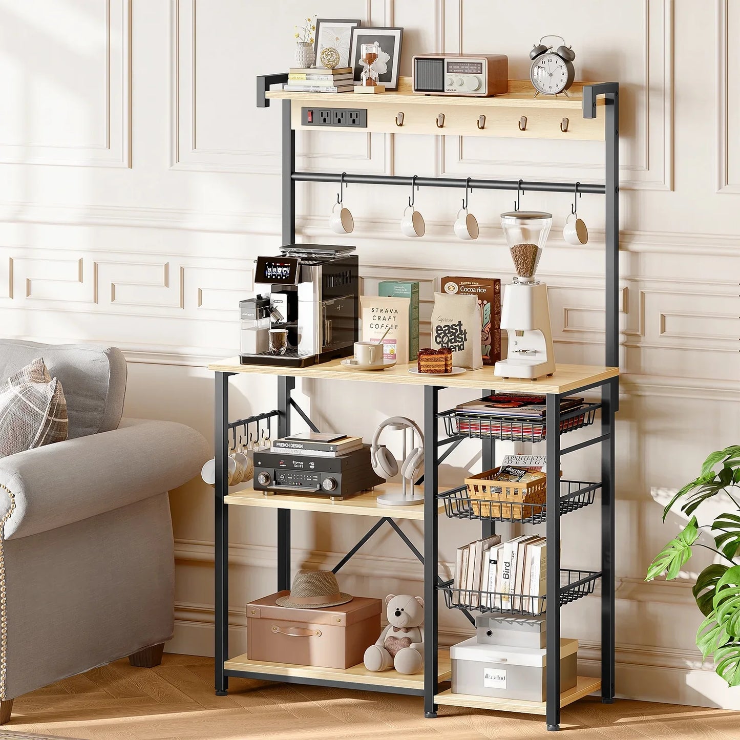 Biemlerfn 39.8" Wide Large Bakers Rack with Power Outlets, 5 Tiers Coffee Bar Table with 3 Wire Basket