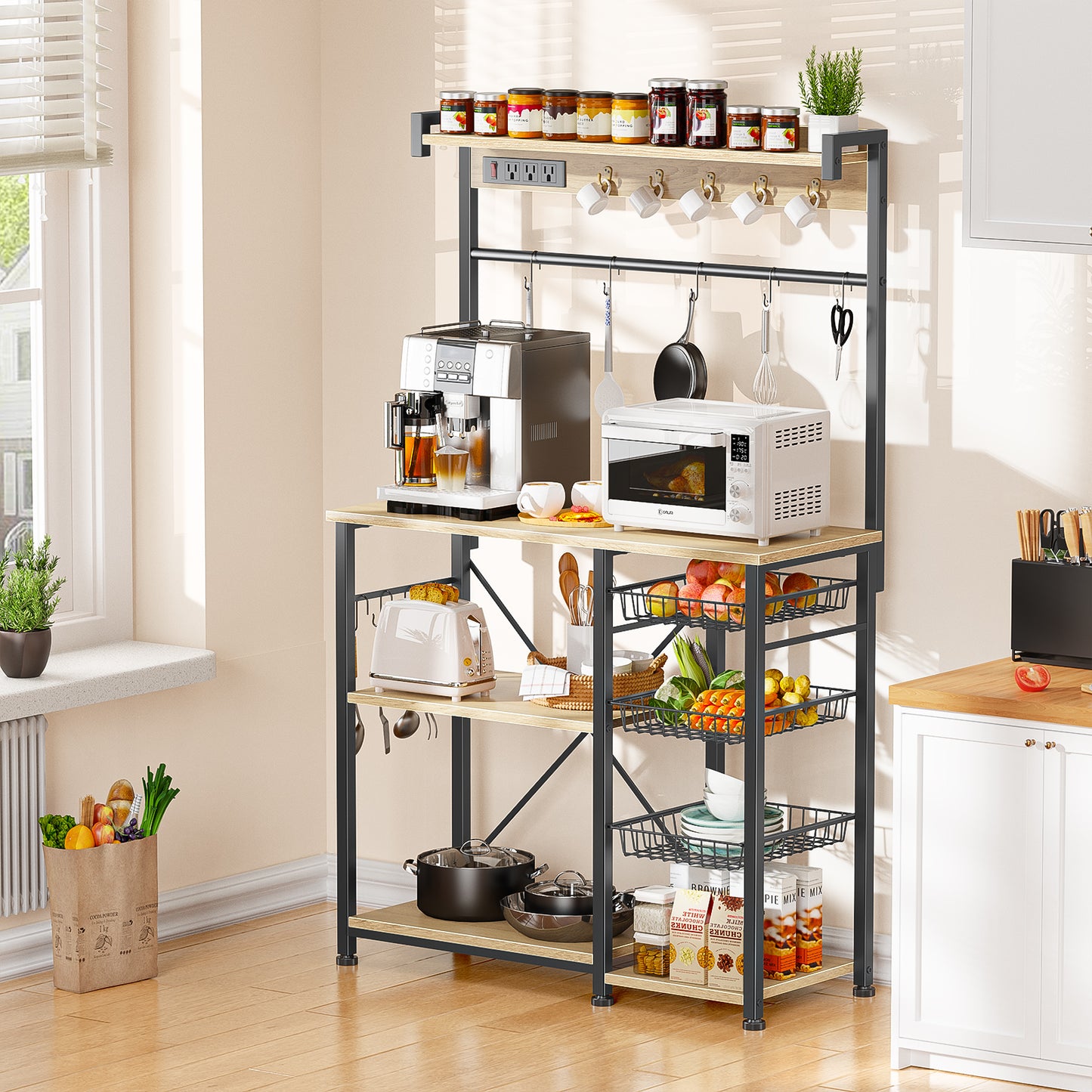 Biemlerfn 39.8" Wide Large Bakers Rack with Power Outlets, 5 Tiers Coffee Bar Table with 3 Wire Basket（White Oak）