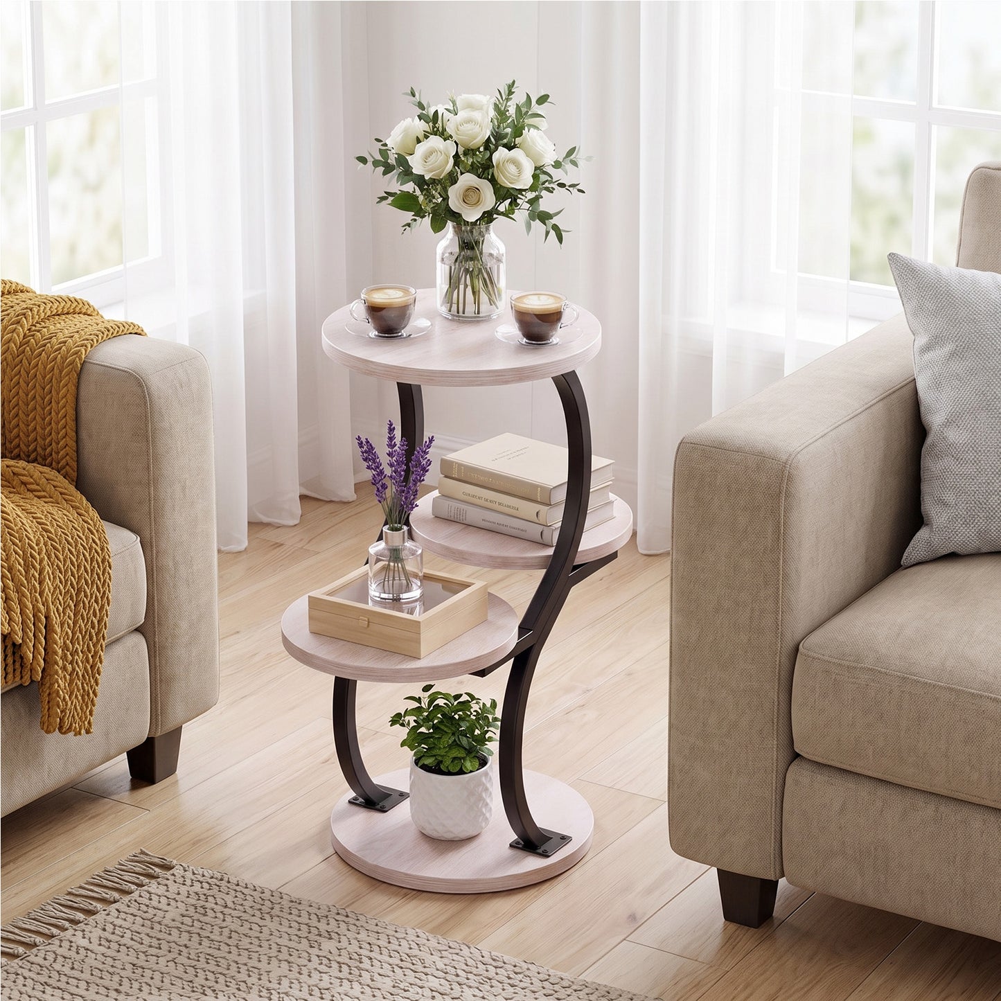 Biemlerfn 4-Tier Round Side Table, Small End Table with Metal Frame, Wood Nightstand for Patio, Sofa, Living Room & Bedroom