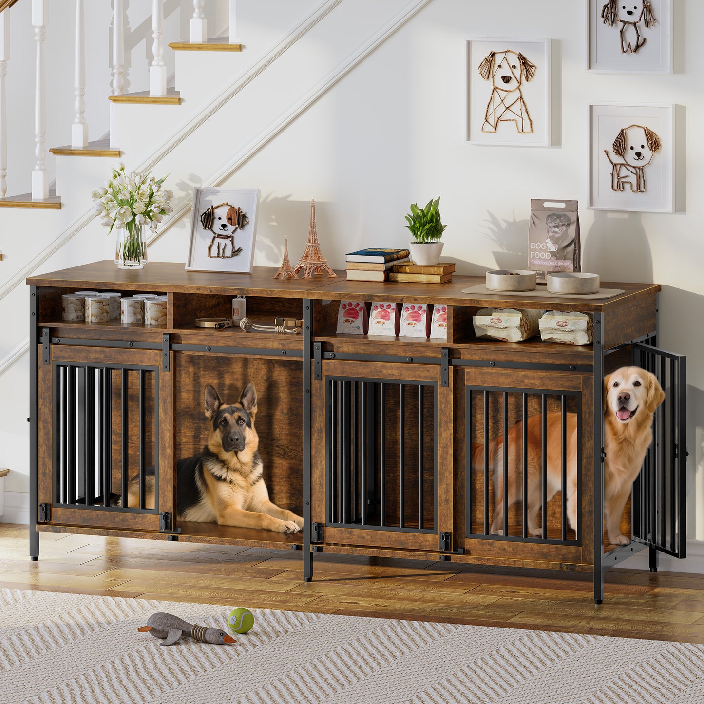 Biemlerfn 78.74'' Double Dog Crate Furniture with Removable Divider and 4 Compartments(Brown)