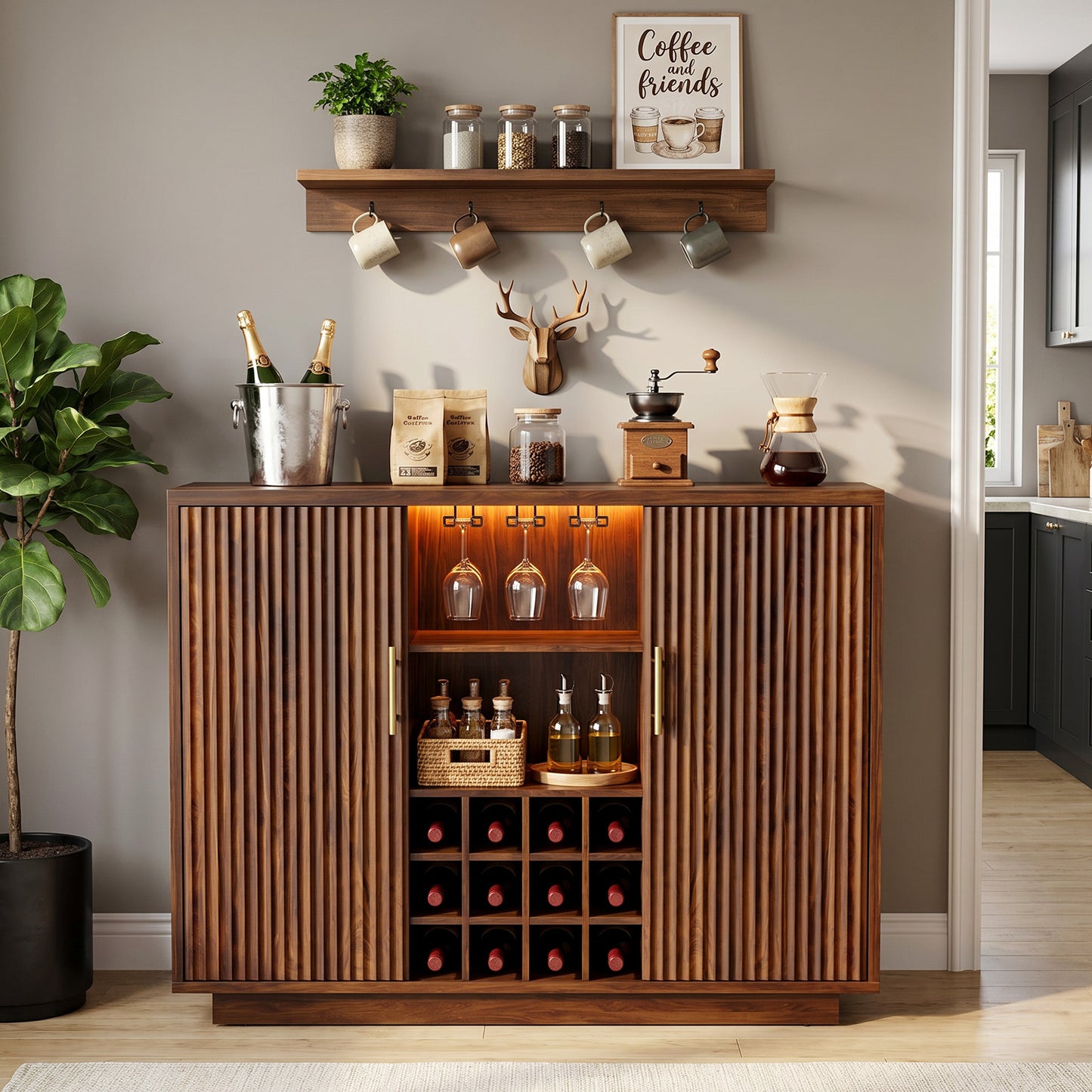 Biemlerfn RGB Wine Bar Cabinet with Built-in Charging Station, Modern Coffee Bar Cabinet with Wine Rack and Glass Holder, Fluted Liquor Cabinet with Storage for Home
