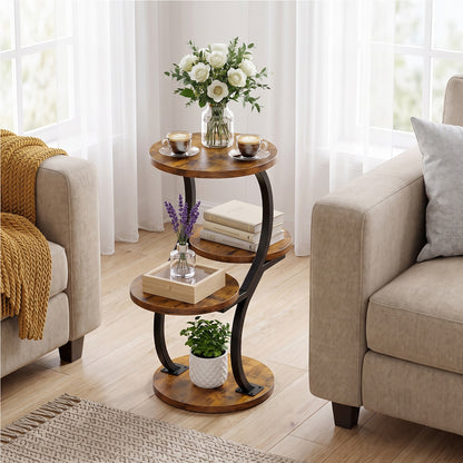 Biemlerfn 4-Tier Round Side Table, Small End Table with Metal Frame, Wood Nightstand for Patio, Sofa, Living Room & Bedroom