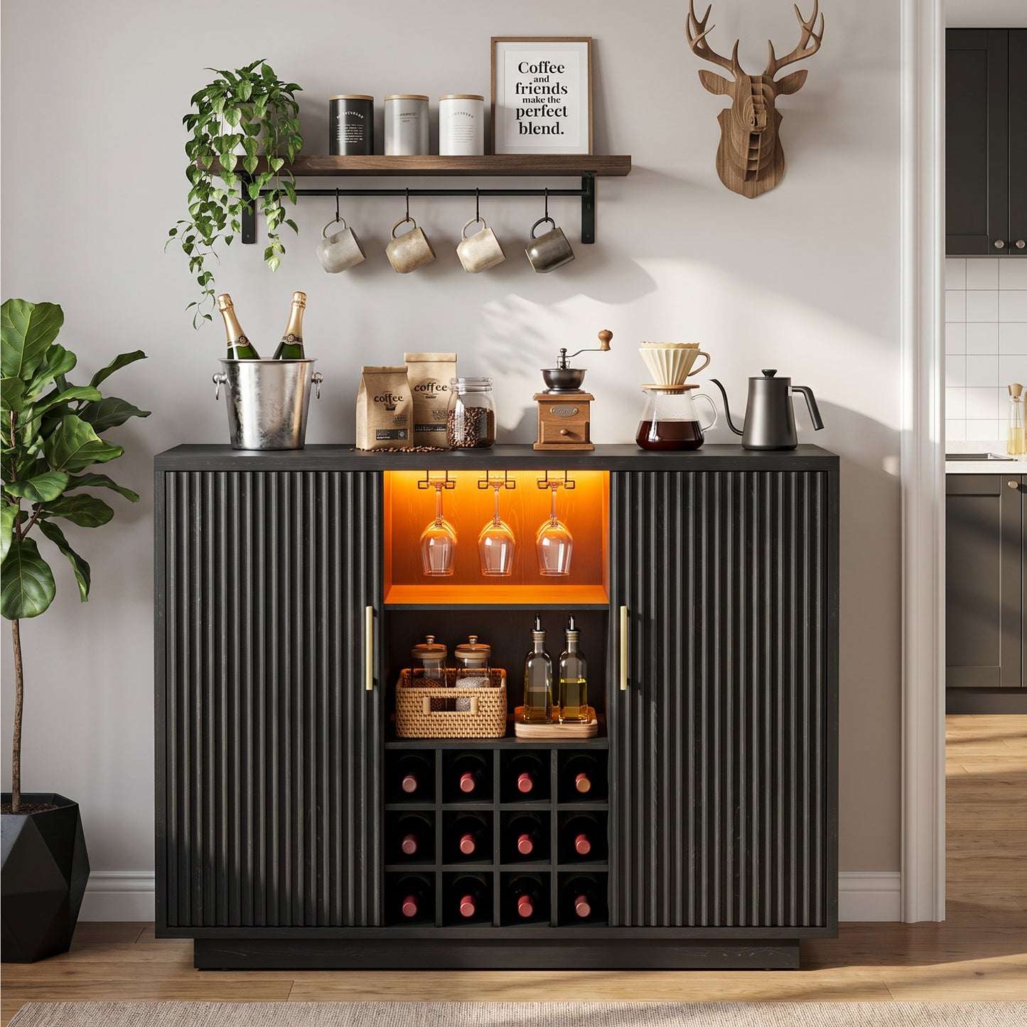 Biemlerfn RGB Wine Bar Cabinet with Built-in Charging Station, Modern Coffee Bar Cabinet with Wine Rack and Glass Holder, Fluted Liquor Cabinet with Storage for Home