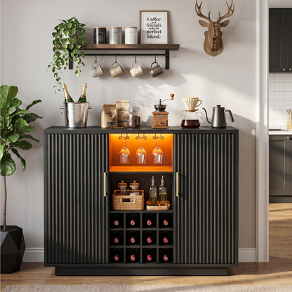 Biemlerfn RGB Wine Bar Cabinet with Built-in Charging Station, Modern Coffee Bar Cabinet with Wine Rack and Glass Holder, Fluted Liquor Cabinet with Storage for Home