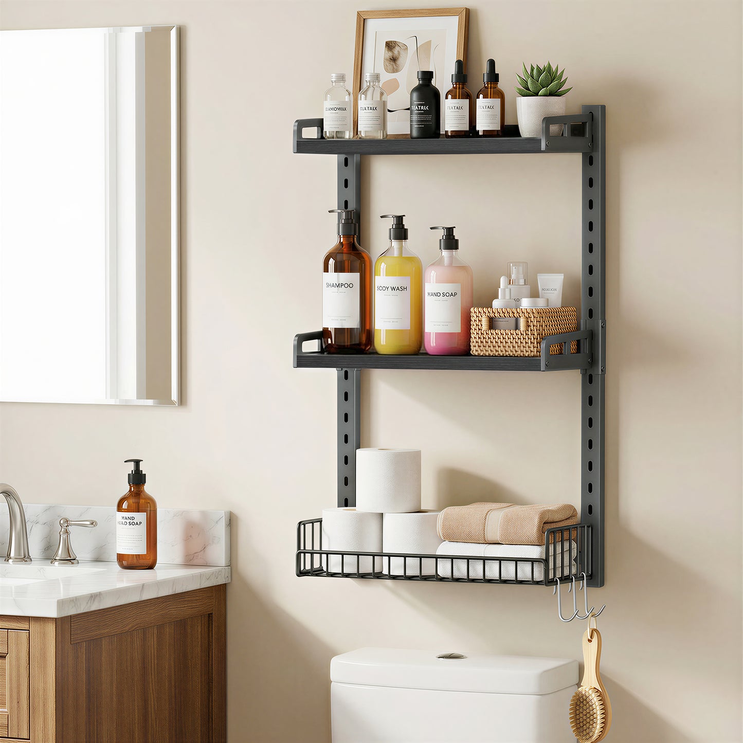 Biemlerfn 3 Tier Bathroom Shelves Over Toilet - Wall Mounted Floating Shelves with Drain Basket, Vintage Brown, Height Adjustable Over The Toilet Storage,,