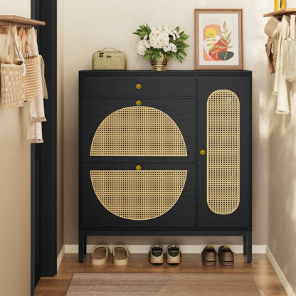 Biemlerfn Shoe Cabinet Storage with 2 Flip Drawers, Free Standing Wooden Shoe Storage Organizer Cabinet with Rattan Doors for Entryway