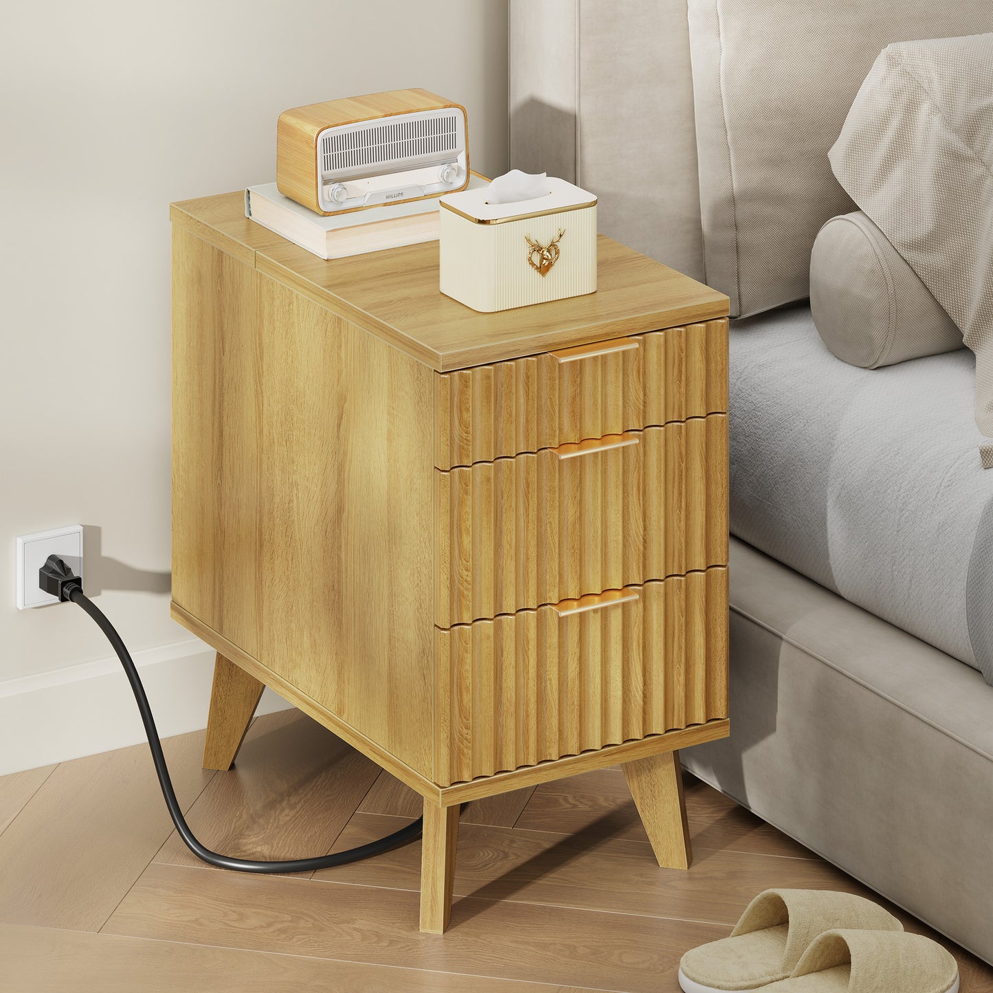 Biemlerfn 3 Drawers End Table with Charging Station, Narrow Side Table for Living Room, Sofa Side Table with Drawer and Storage Cabinet, Small Nightstand for Home Office