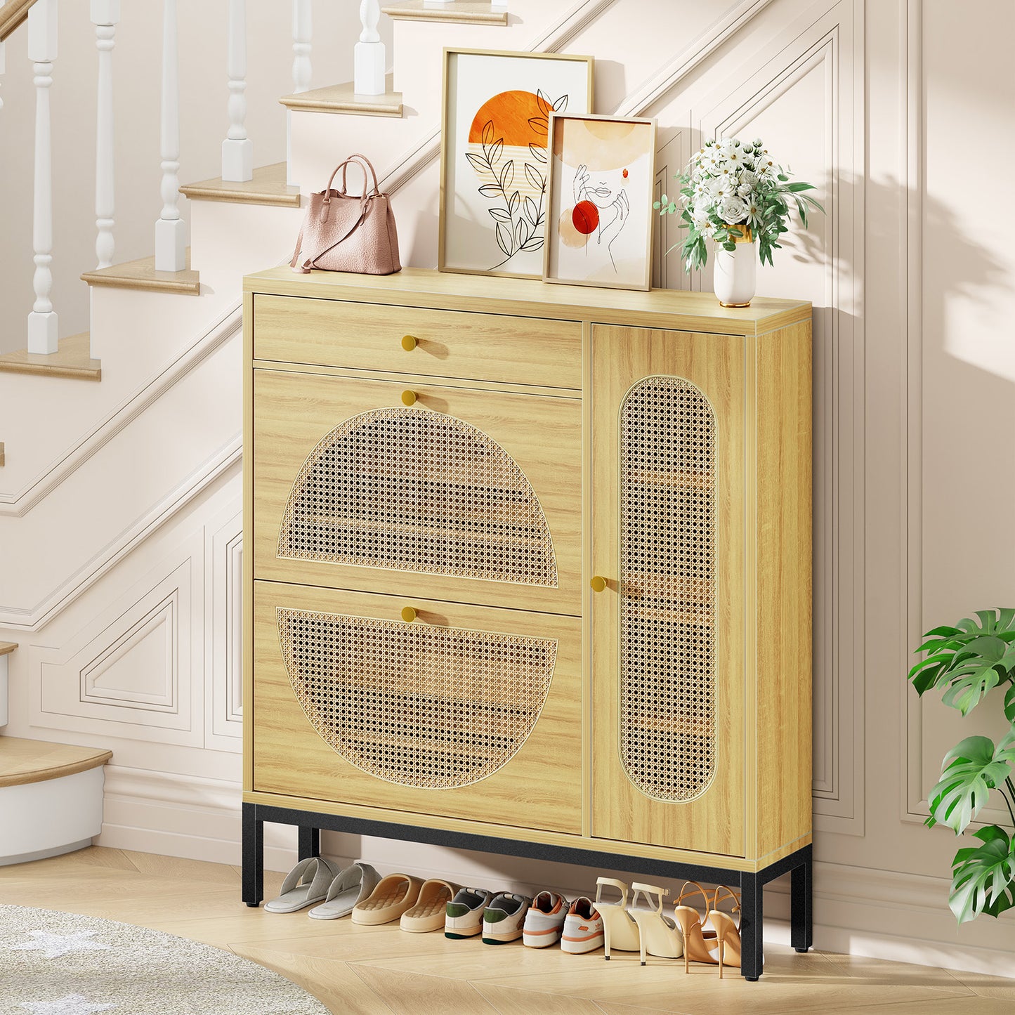 Biemlerfn Shoe Cabinet Storage with 2 Flip Drawers, Free Standing Wooden Shoe Storage Organizer Cabinet with Rattan Doors for Entryway