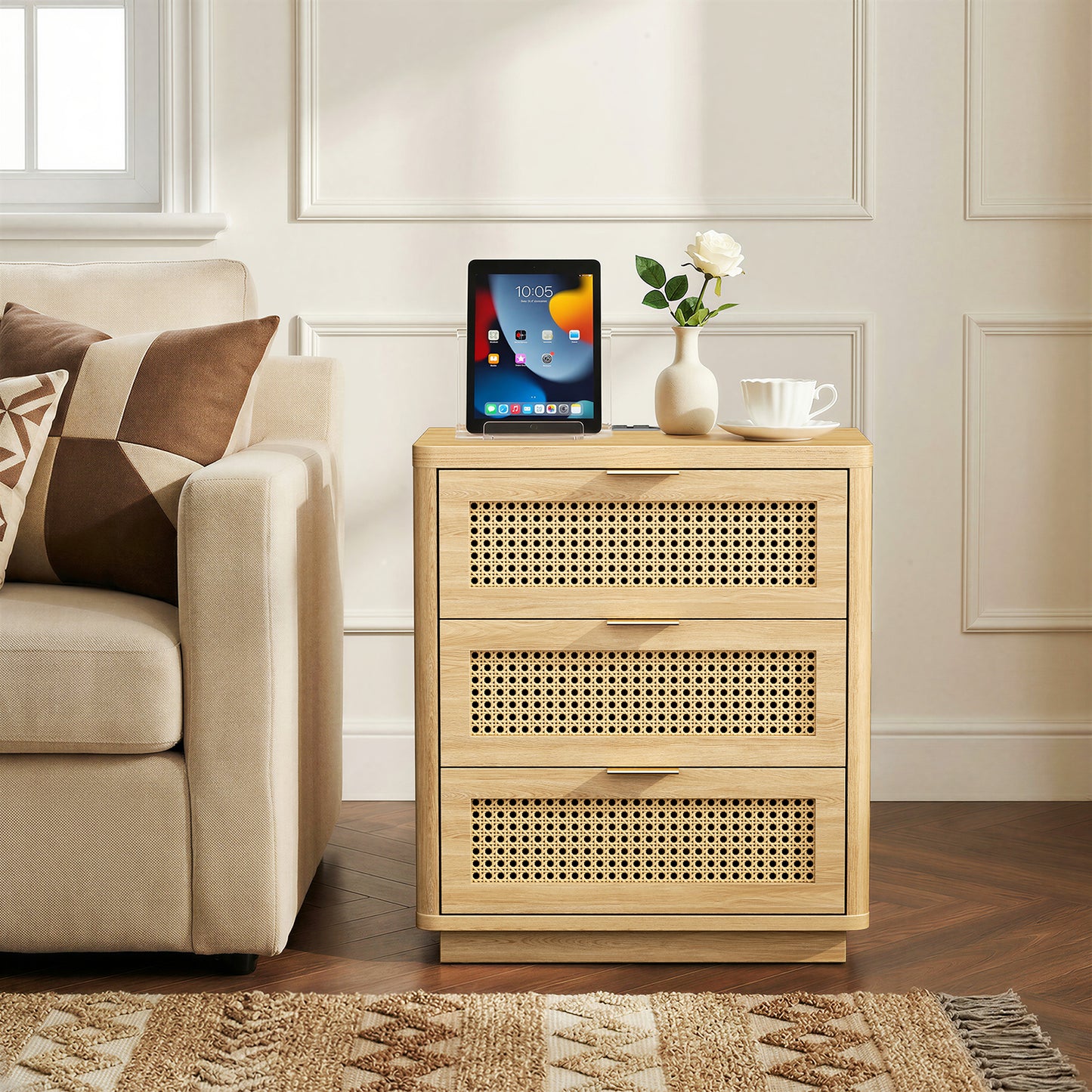 Biemlerfn Night Stand with Charging Station, 3 Drawers Bedside Table, Rattan End Table, Wood Dresser Organizer for Bedroom, Living Room