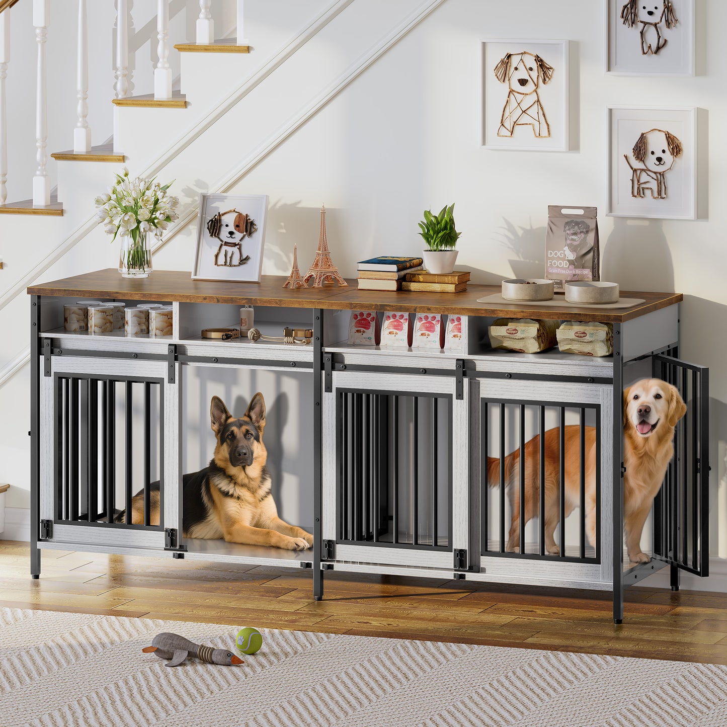 Biemlerfn 78.74'' Double Dog Crate Furniture with Removable Divider and 4 Compartments(White）