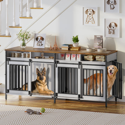 Biemlerfn 78.74'' Double Dog Crate Furniture with Removable Divider and 4 Compartments(White）
