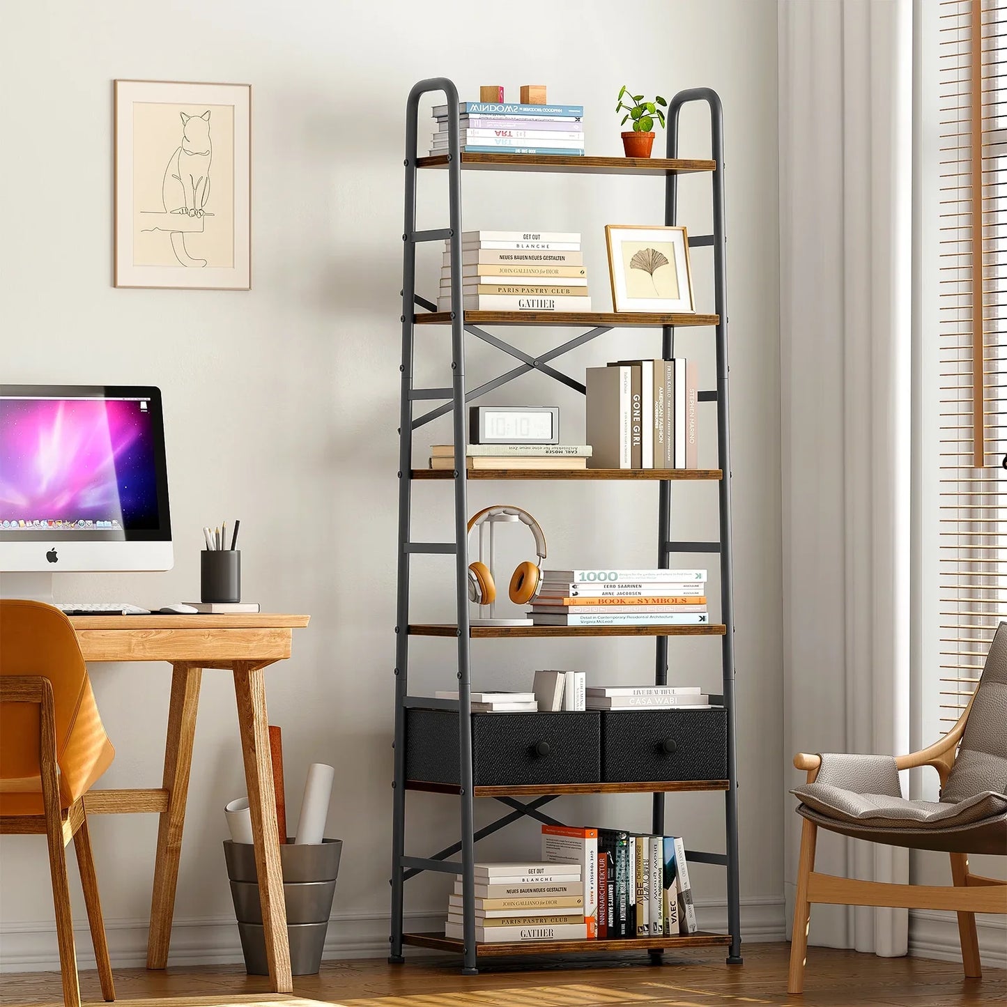 Biemlerfn 6 Tier Book Shelf, Ladder Bookcase with 2 Removable Drawers