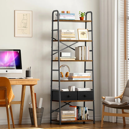 Biemlerfn 6 Tier Book Shelf, Ladder Bookcase with 2 Removable Drawers