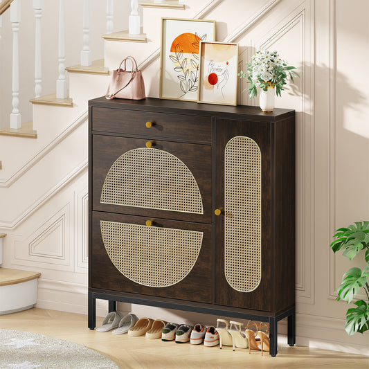 Biemlerfn Shoe Cabinet Storage with 2 Flip Drawers, Free Standing Wooden Shoe Storage Organizer Cabinet with Rattan Doors for Entryway