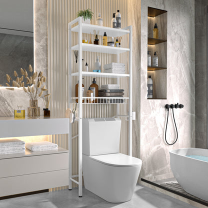 Biemlerfn Over The Toilet Storage Shelf, 4-Tier Wooden Bathroom Organizer Adjustable Saver Space Rack with Toilet Paper Holder