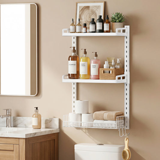Biemlerfn 3 Tier Bathroom Shelves Over Toilet - Wall Mounted Floating Shelves with Drain Basket, Height Adjustable Over The Toilet Storage（White）