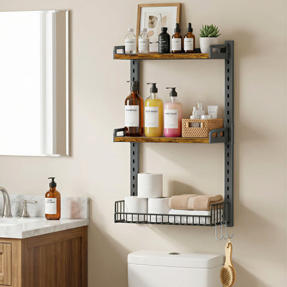 Biemlerfn 3 Tier Bathroom Shelves Over Toilet - Wall Mounted Floating Shelves with Drain Basket, Vintage Brown, Height Adjustable Over The Toilet Storage,,
