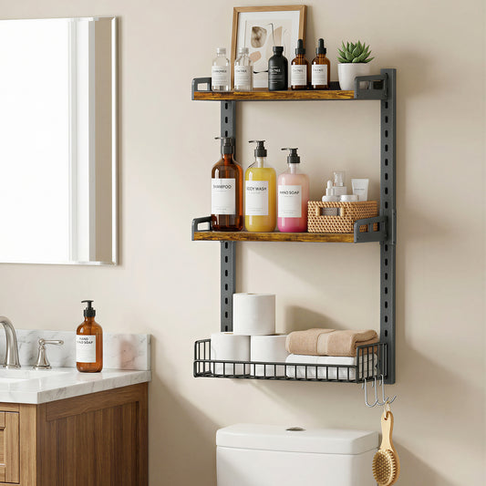 Biemlerfn 3 Tier Bathroom Shelves Over Toilet - Wall Mounted Floating Shelves with Drain Basket, Vintage Brown, Height Adjustable Over The Toilet Storage,,