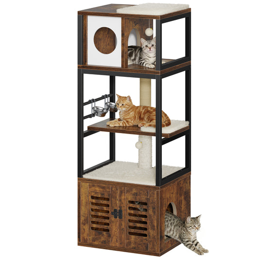Biemlerfn 58.27" Cat Tree with Litter Box Enclosure, Multi-Level Cat Tower with Elevated Perch & Feeding Station, Scratching Post, Anti-Tip Design for Indoor Cats
