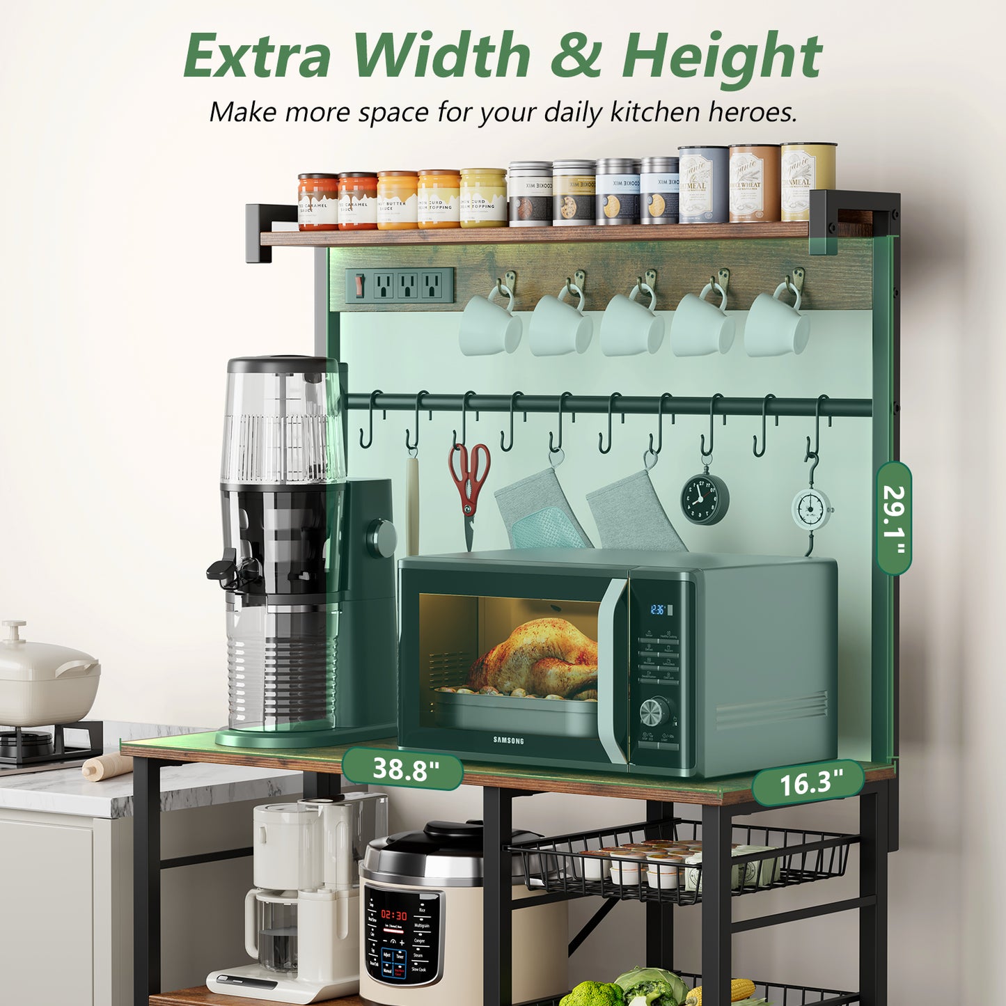 Biemlerfn 39.8" Wide Large Bakers Rack with Power Outlets, 5 Tiers Coffee Bar Table with 3 Wire Basket（Rustic Brown）