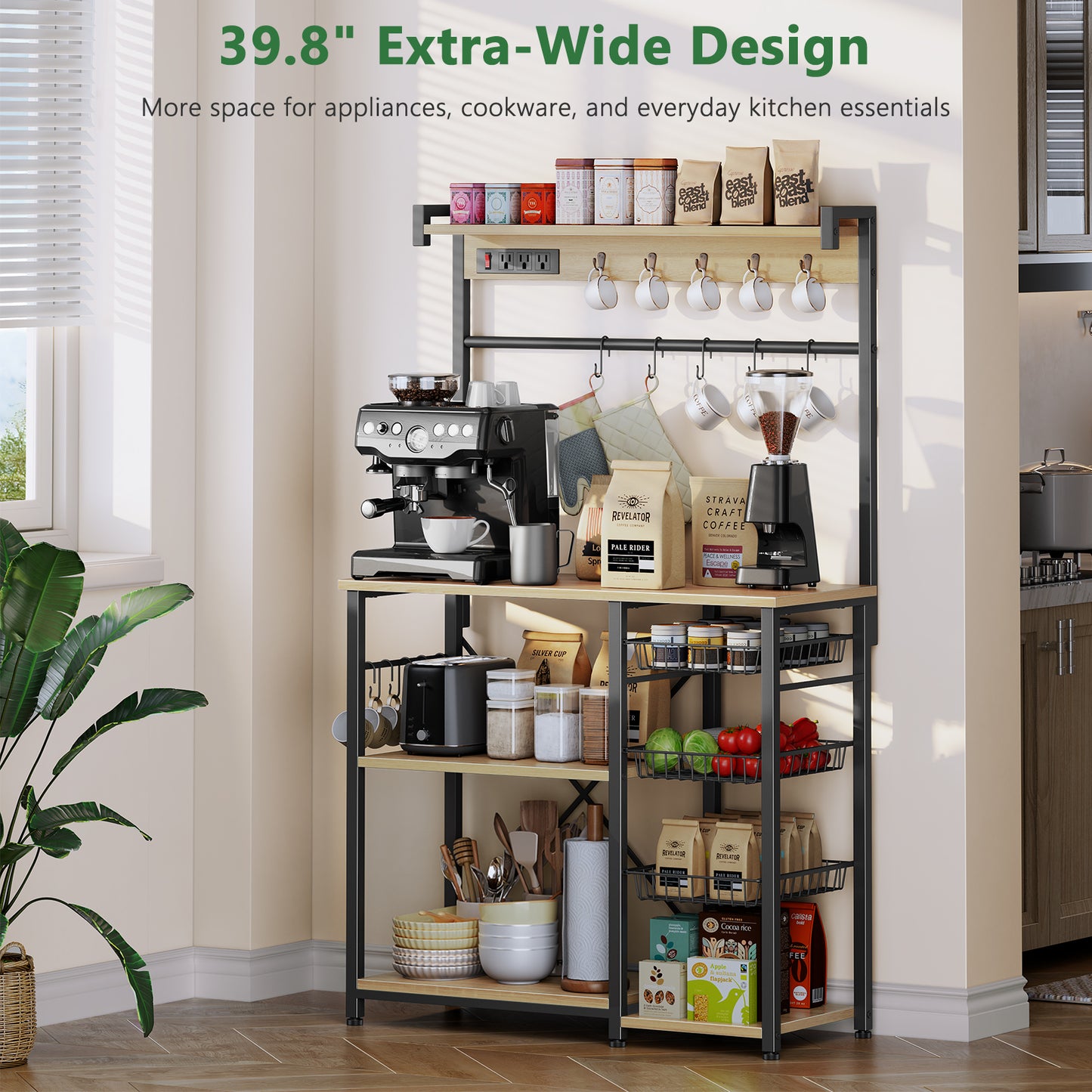 Biemlerfn 39.8" Wide Large Bakers Rack with Power Outlets, 5 Tiers Coffee Bar Table with 3 Wire Basket（White Oak）